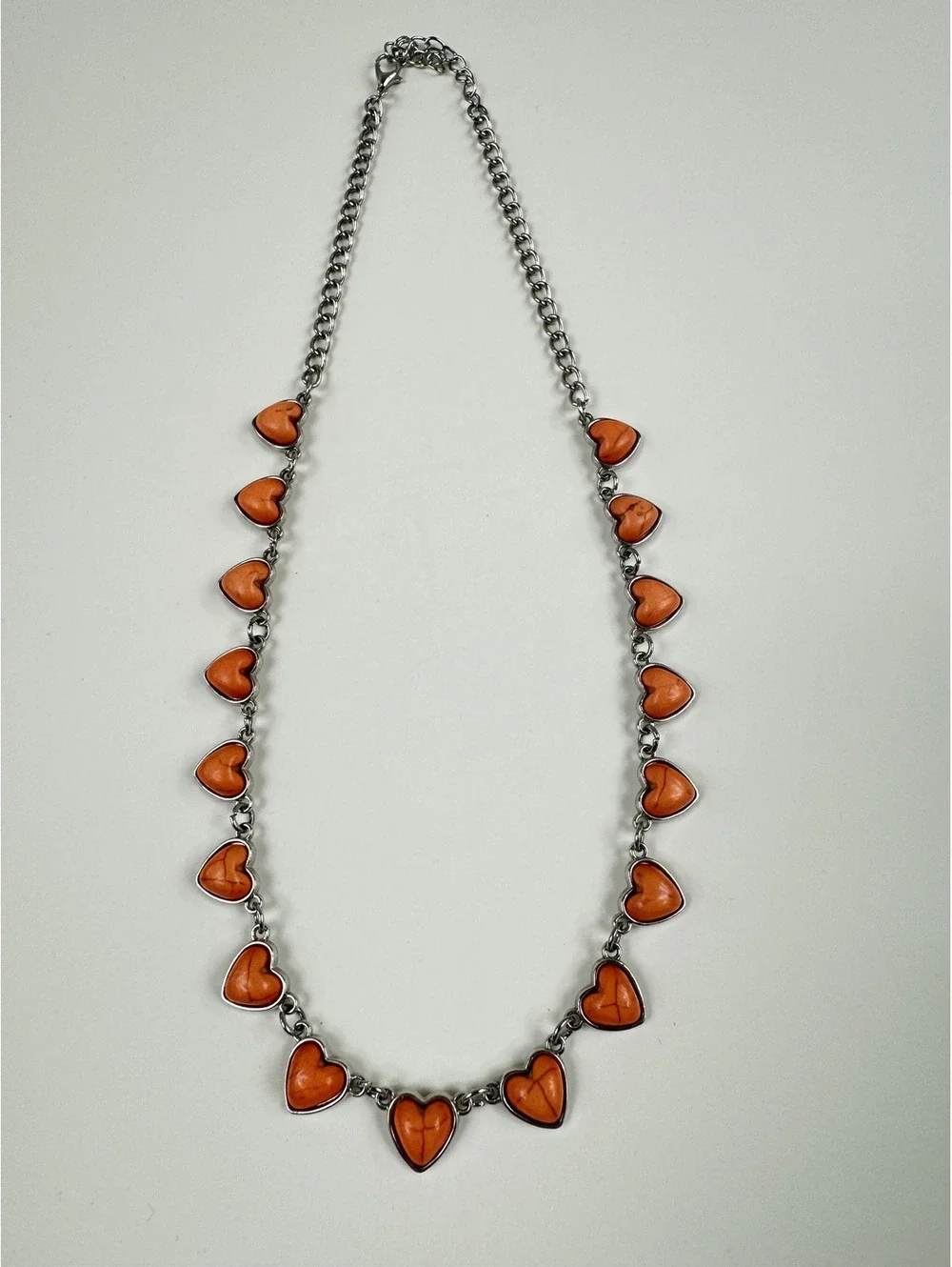 Fashion Jewelry Silver Toned Chain with Orange Heart Stones Women's Necklace